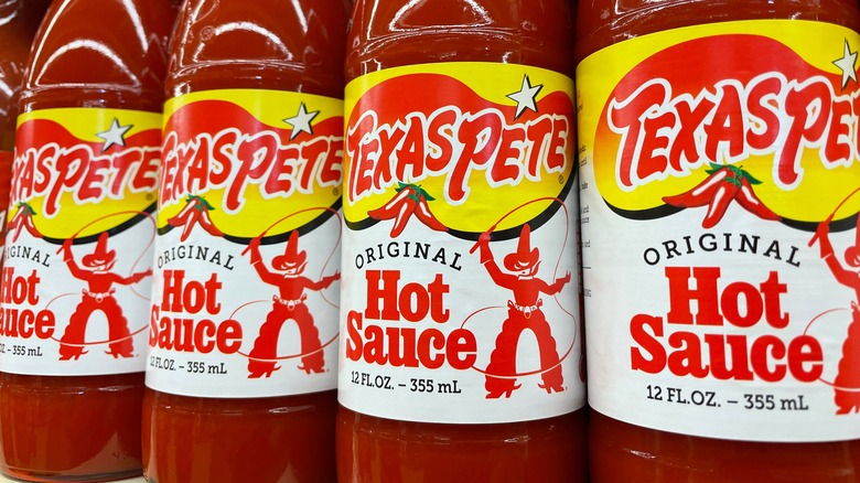 Texas Pete Hot Sauce on a shelf