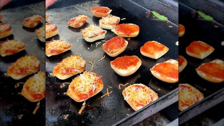 Making mini pizzas with Texas Roadhouse rolls on a flat top grill