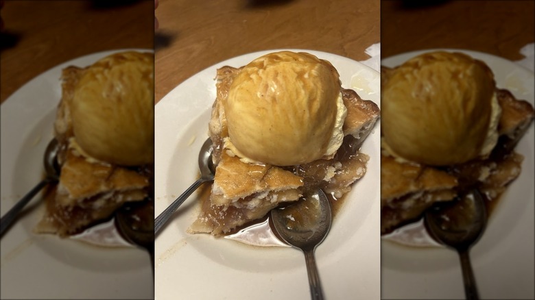 Apple pie dessert with ice cream on plate at Texas Roadhouse restaurant