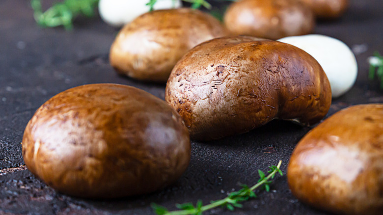 Several portobello mushroom caps spread out over table