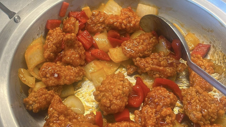Panda Express x Buldak Dynamite Sweet & Sour Chicken in metal serving bowl