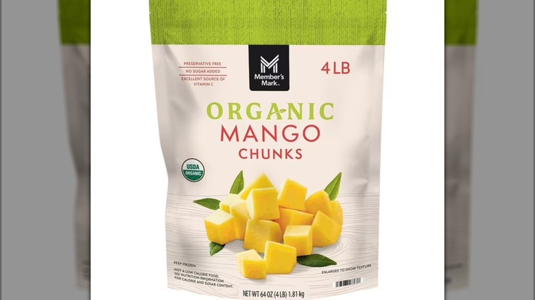 Bag containing frozen organic mango chunks.