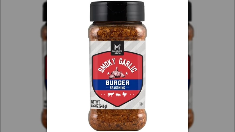 Container of smoky garlic burger seasoning.