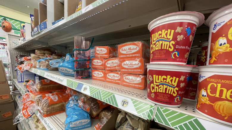 Dollar Tree breakfast aisle with cereal and breads