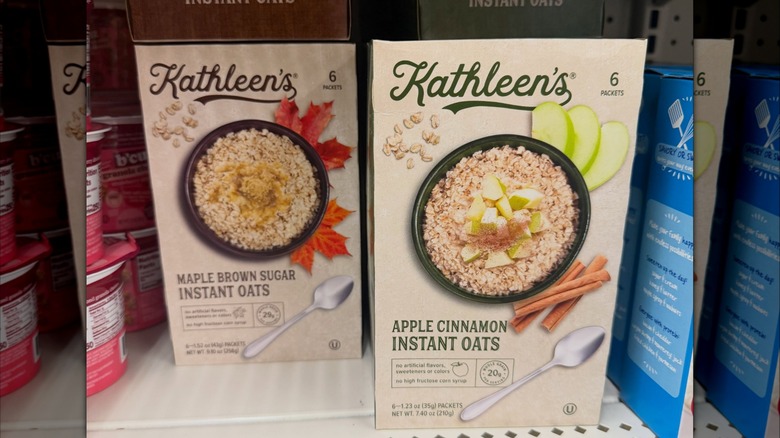 Boxes of Kathleen's instant oats maple brown sugar and apple cinnamon