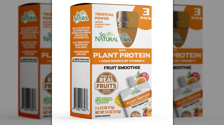 Package of So Natural Tropical Power Plant protein fruit smoothie