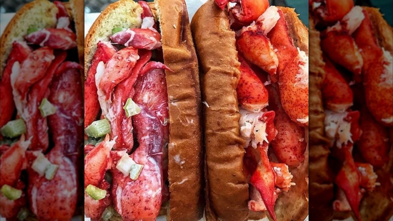close up of two lobster rolls next to eachother, one hot and the other cold