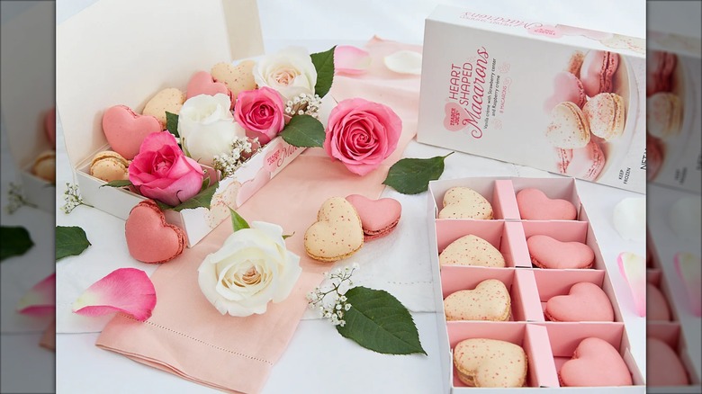 gift box with heart shaped macaron cookies