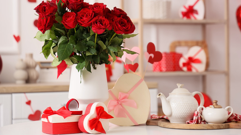 kitchen with vase of roses and assorted Valentine's Day decorations