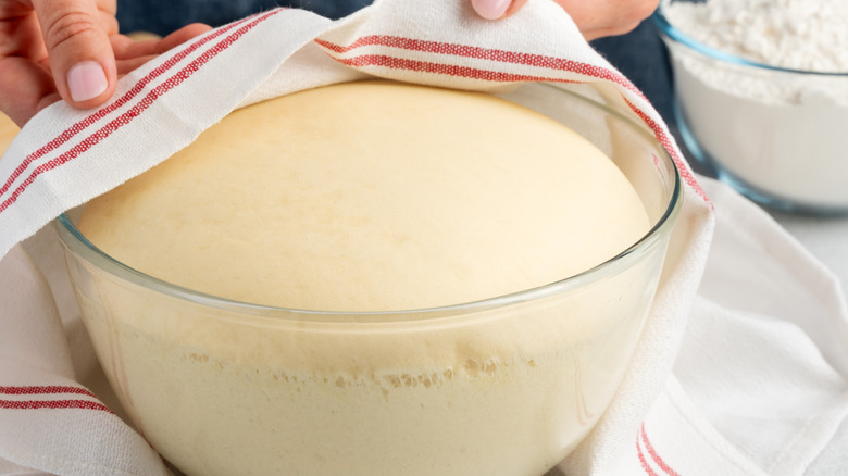 Hands placing a dish towel over a glass bowl containing dough that is rising