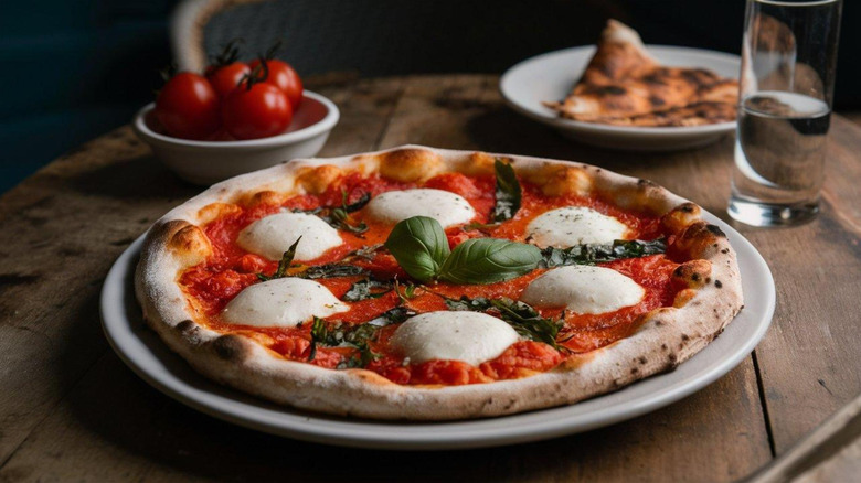 A homemade Neapolitan pizza plated on a wood table