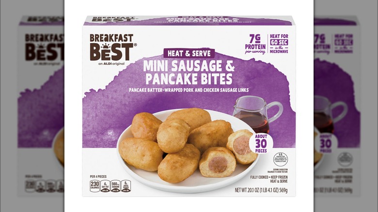 Box of pancake battered mini sausage bites.