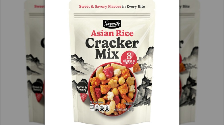 Bag containing an assortment of Asian rice crackers in different shapes.