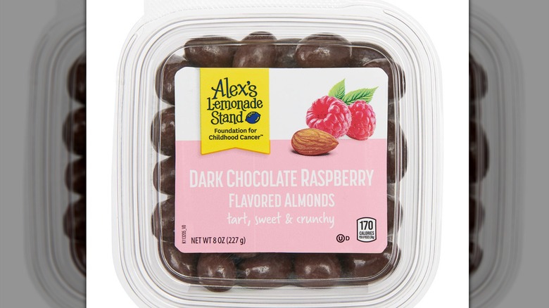 Container of Alex's Lemonade Stand Dark Chocolate Raspberry almonds