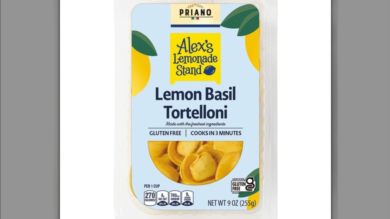 Blue and yellow package that says Priano Alex's Lemonade Stand Lemon Basil Tortelloni