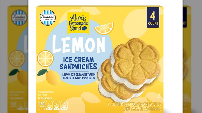 Yellow and blue box of Sundae Shoppe Lemon Ice Cream Sandwiches