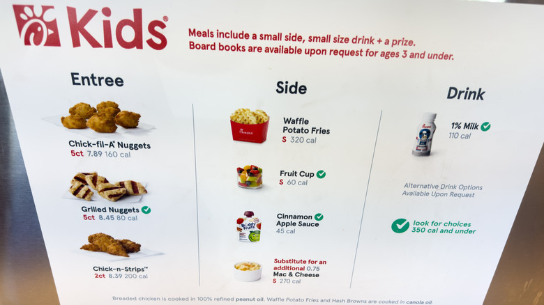 Chick-fil-A kids menu features options like grilled nuggets, sides like waffle fries, and milk for drinks.