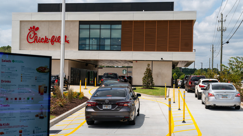 Cars approach the first elevated Chick-fil-A drive-thru.