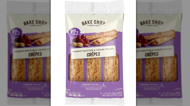 Package of peanut butter and grape filled crepes.