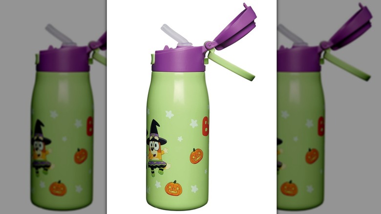 Stainless steel water bottle decorated with cartoon characters.