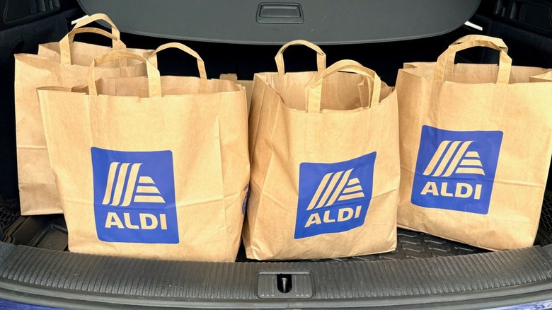 Paper grocery bags from Aldi sit in the trunk or back of a person's car.
