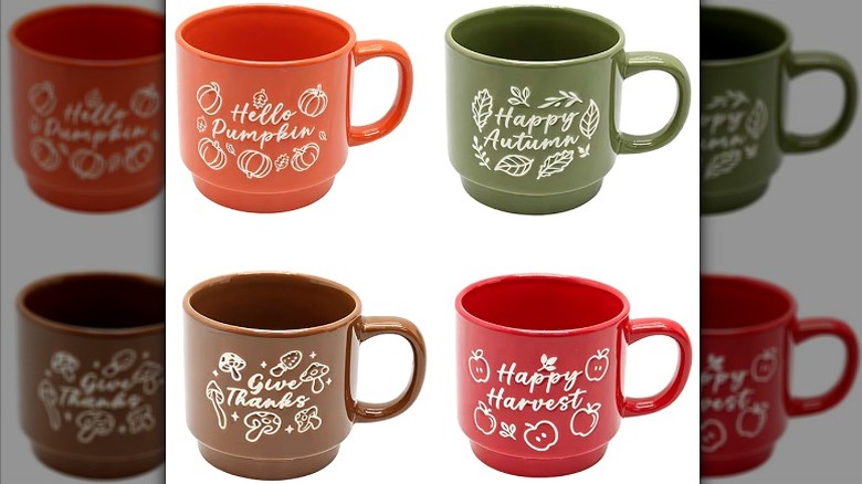 Fall themed stackable mugs in orange, green, brown, and red