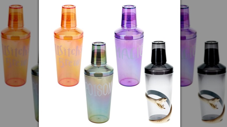 Four Halloween-themed plastic cocktail shakers from Dollar Tree