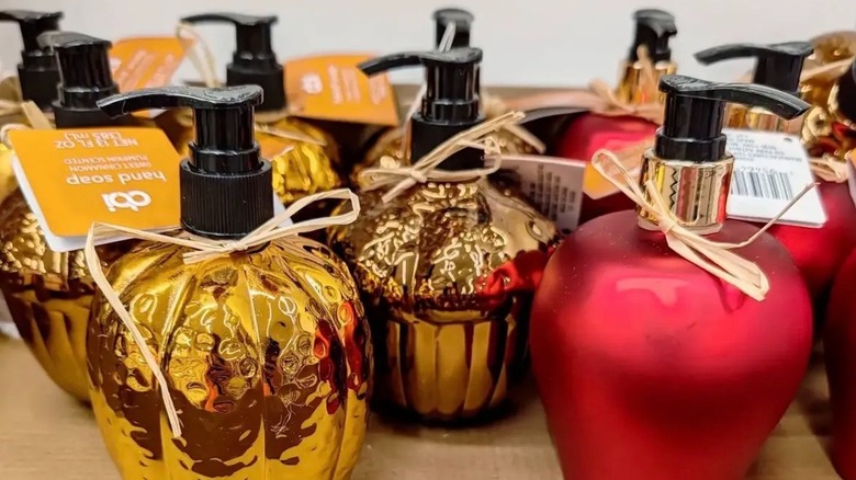 Apple, pumpkin, and acorn-shaped hand soap dispensers