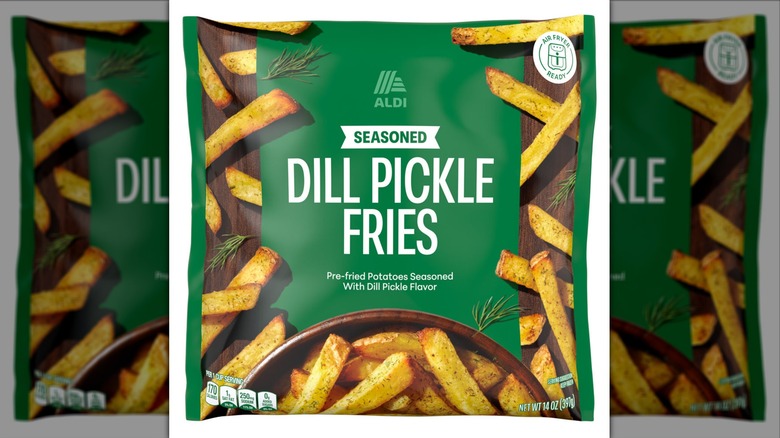 Bag containing dill pickle-flavored frozen French fries.