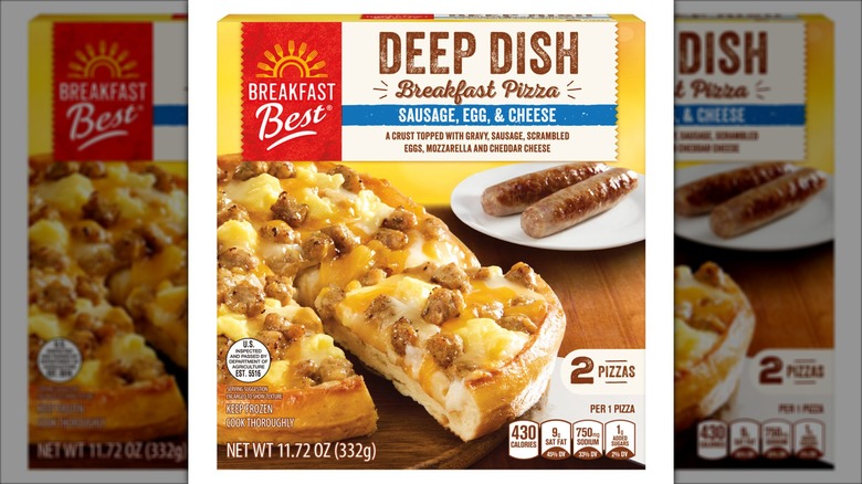 Package with deep dish frozen breakfast pizza.