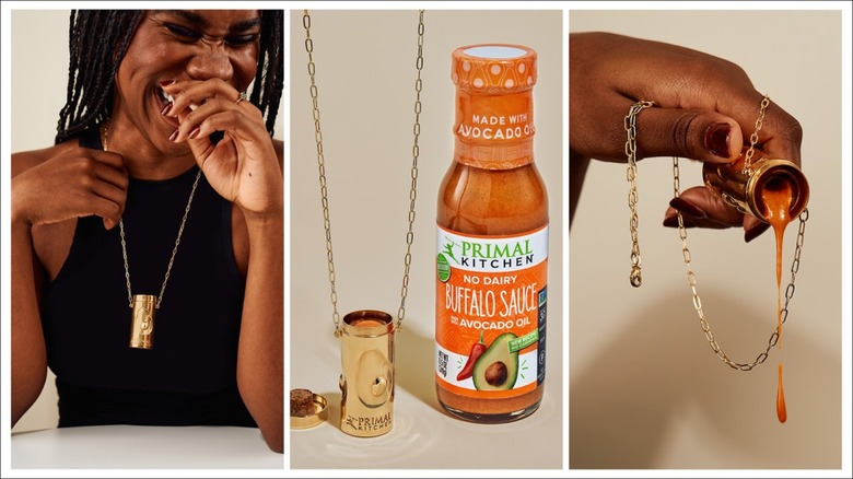 Person wearing Secret Sauce necklace, necklace closeup with bottle of buffalo sauce, hand pouring sauce from necklace