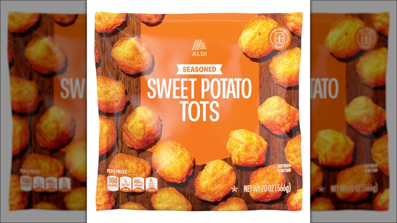 Bag of seasoned sweet potato tots against white background.