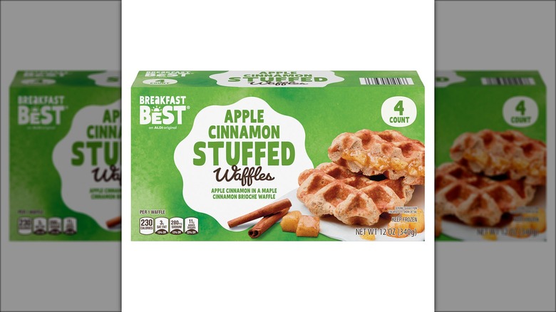 Box of apple cinnamon stuffed breakfast waffles against white background.
