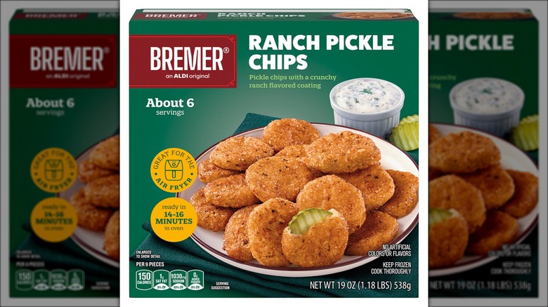 Package of fried and breaded ranch-flavored pickle chips against white background.