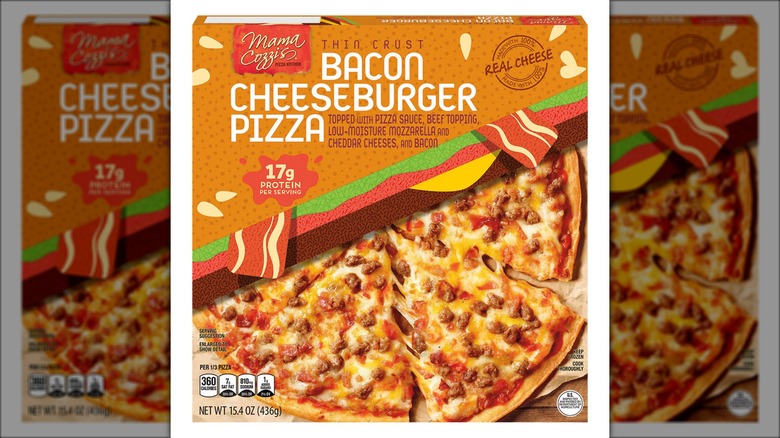 Box of bacon cheeseburger-style pizza against white background.