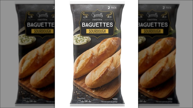 Two-pack of frozen sourdough baguettes against white background.