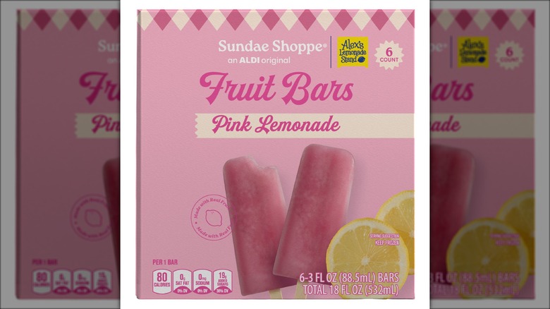Box of pink lemonade-flavored frozen fruit bars against white background.