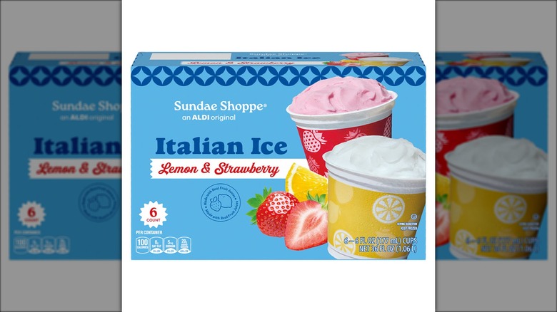 Package of Italian ice cups in lemon and strawberry flavors against white background.