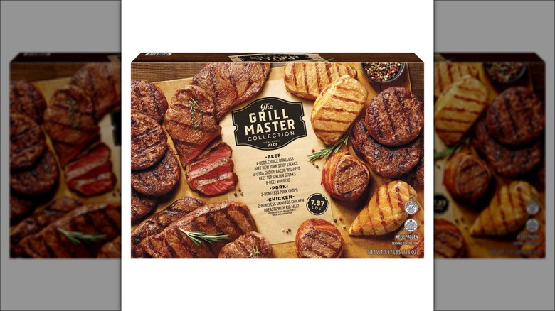 Packaged selection of frozen beef, pork, and chicken against white background.
