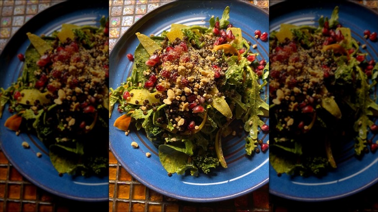 a Mexican salad with greens, avocados, crushed walnuts, pomegranate seeds, and lentils on plate