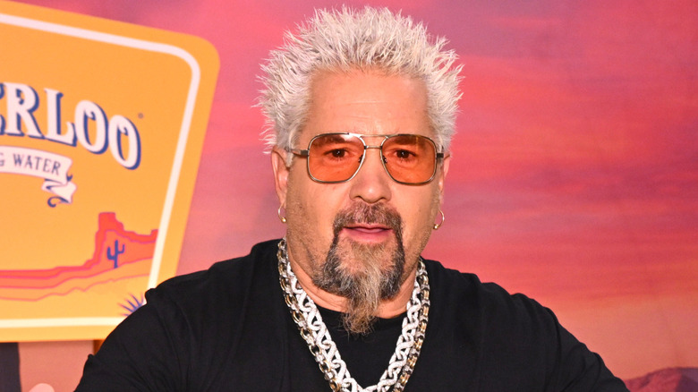 Food Network star Guy Fieri poses in front of backdrop with sunset and Waterloo sign