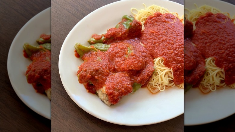 stuffed sweet Melrose peppers with pasta in a tomato sauce
