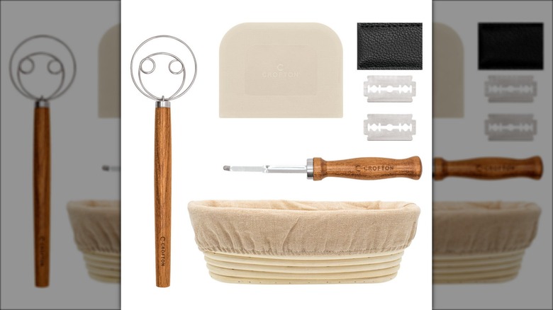 A collection of bread baking tools.