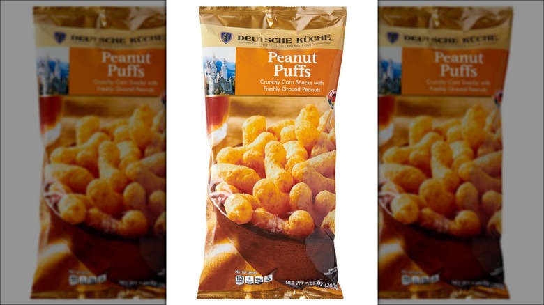 A tall bag labeled "Peanut Puffs" with a big picture of a bowl of puffs.