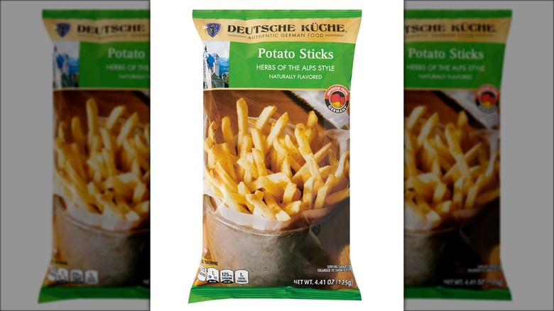 A tall bag labeled "Potato Sticks" that shows a bucket of french fries.