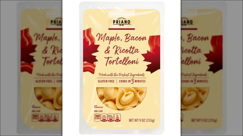 A package labeled "Maple, Bacon & Ricotta Tortelloni" decorated with maple leaves.