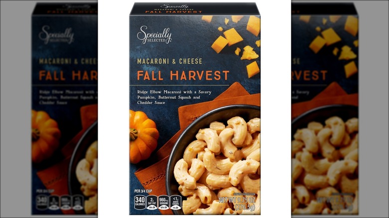 Box labeled "Macaroni & Cheese Fall Harvest" with images of a pumpkin, cheddar, and mac & cheese