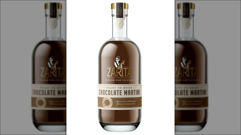A bottle filled with brown liquid labeled "Zarita" and "Chocolate Martini."