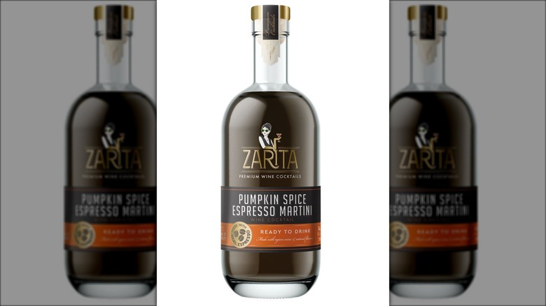 A bottle of dark liquid labeled "Zarita" and "Pumpkin Spice Espresso Martini."