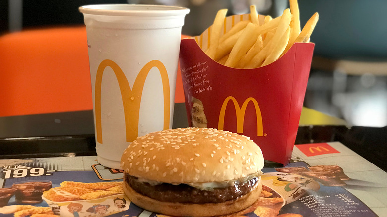 McDonald's hamburger, fries, and drink